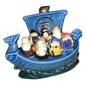 Ship with Seven Lucky Gods of Japan Ceramic Statue Vintage